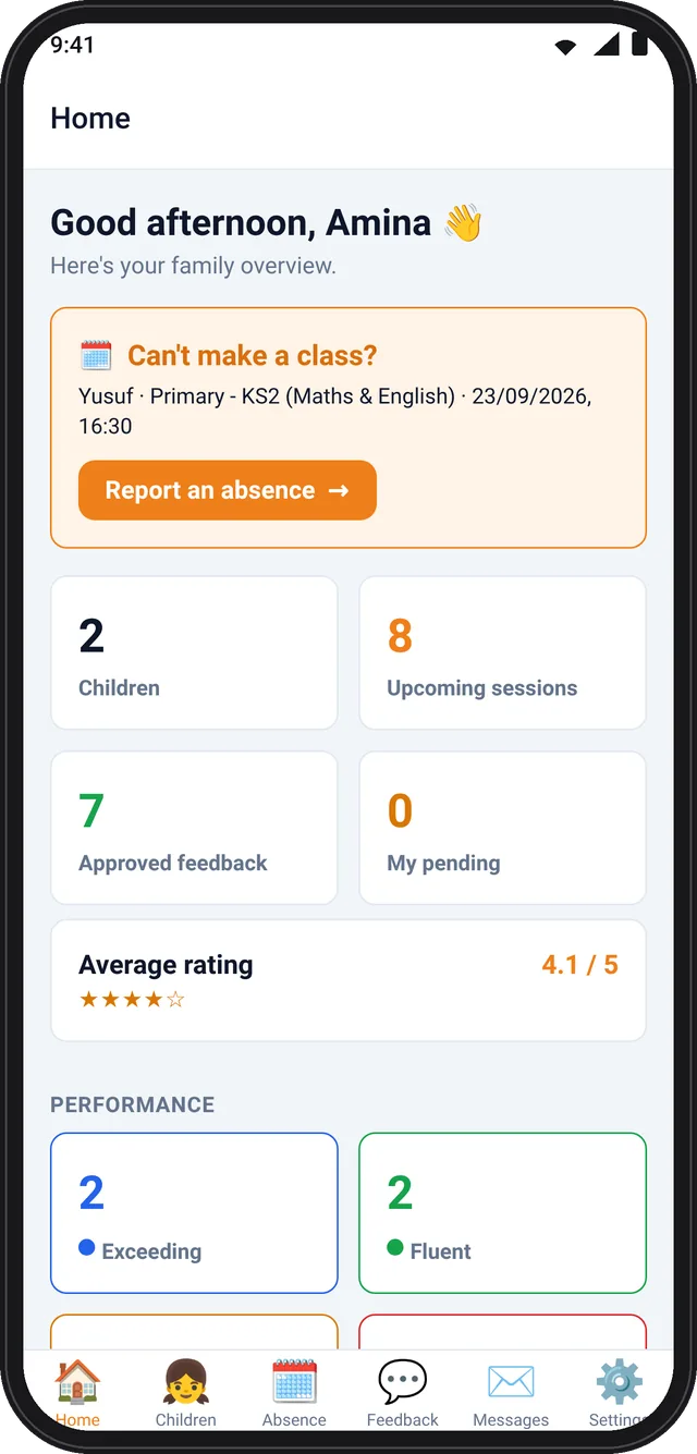 PrimePlus parent app home screen with upcoming sessions, feedback and a report an absence button