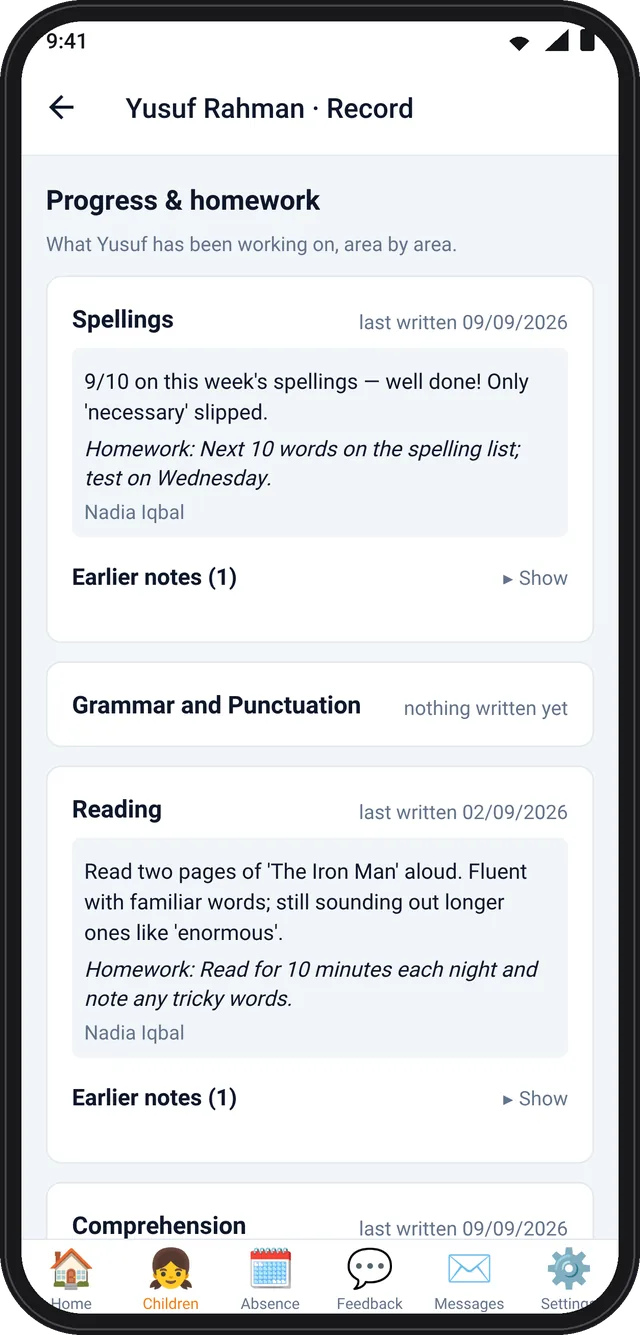 PrimePlus parent app learning record screen showing progress and homework notes by subject
