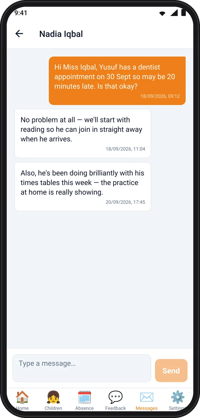 PrimePlus parent app message thread between a parent and a tutor