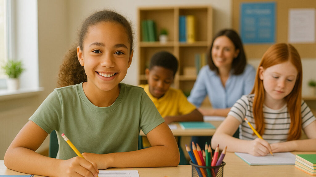 Primary pupil smiling while writing in a classroom