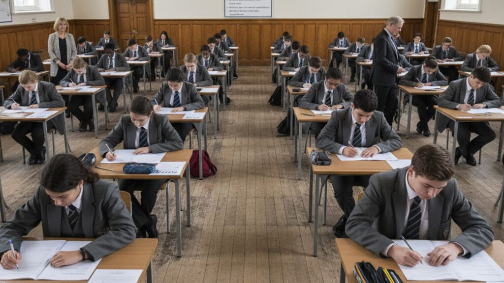 Secondary students sitting an exam at desks in a school hall