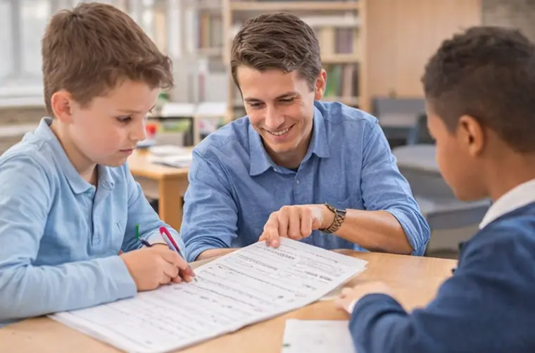 Tutor going through a worksheet with two pupils at a table