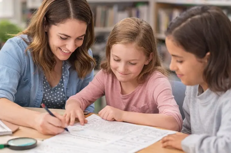 Tutor helping two primary girls with their work