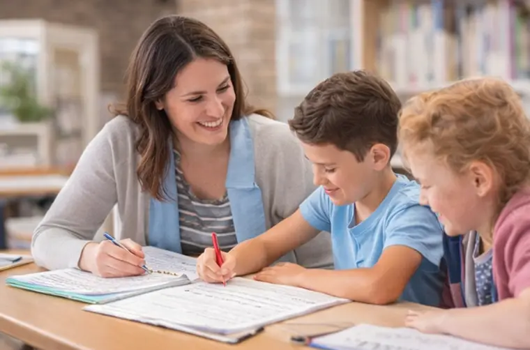 Tutor helping two boys with a worksheet