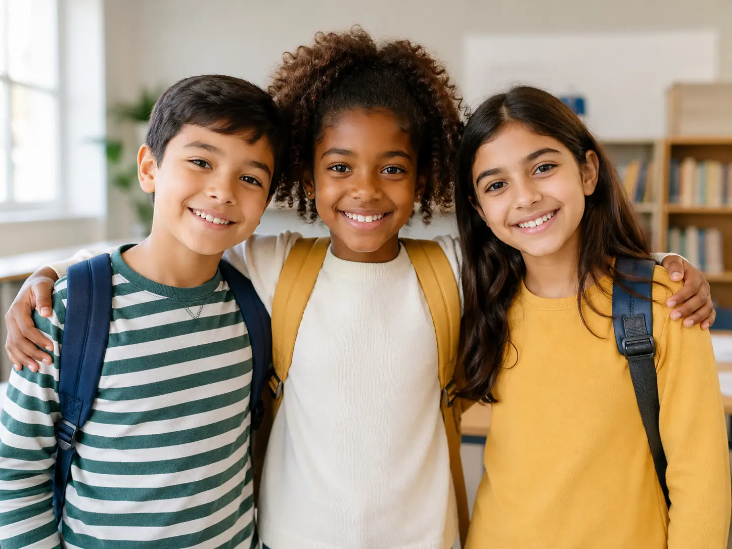 Three smiling primary pupils with their school bags