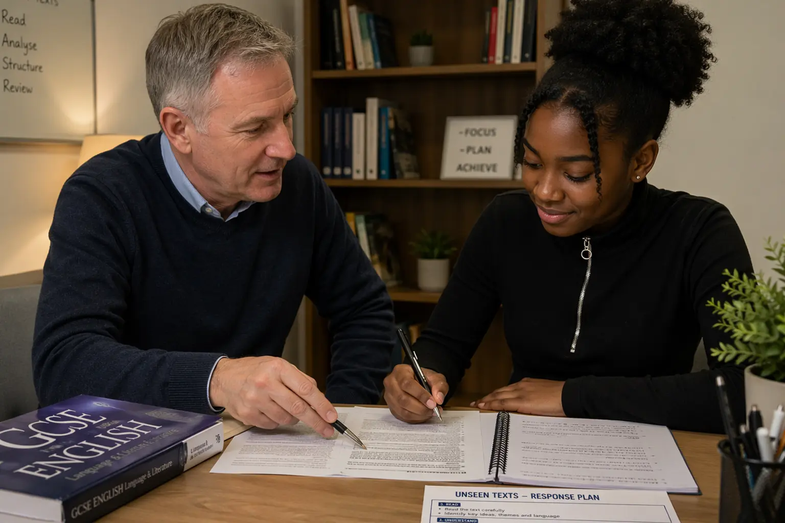 Tutor going through a GCSE English text with a secondary student