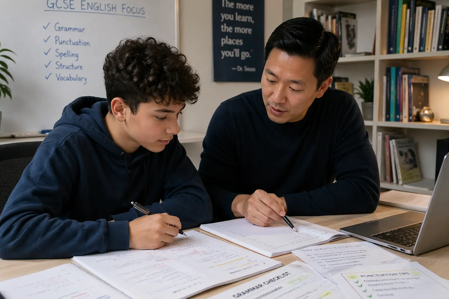 Tutor and secondary student working together with a laptop and notes