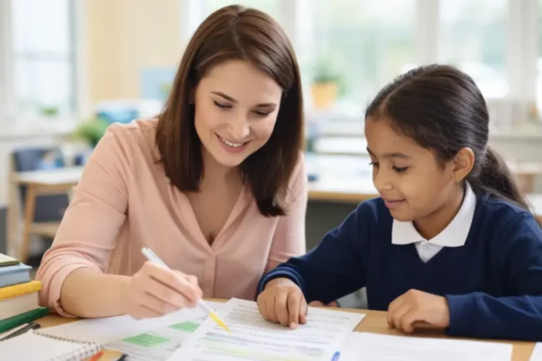 Tutor helping a primary pupil in uniform with her worksheet