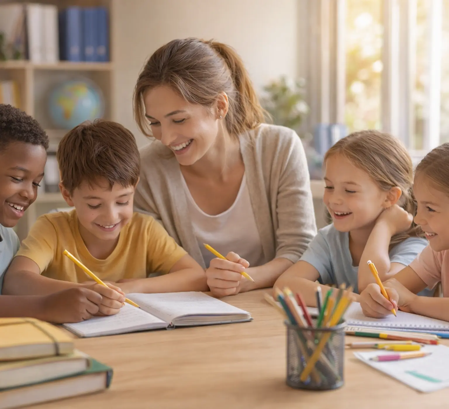 Tutor assisting children with their homework at a desk