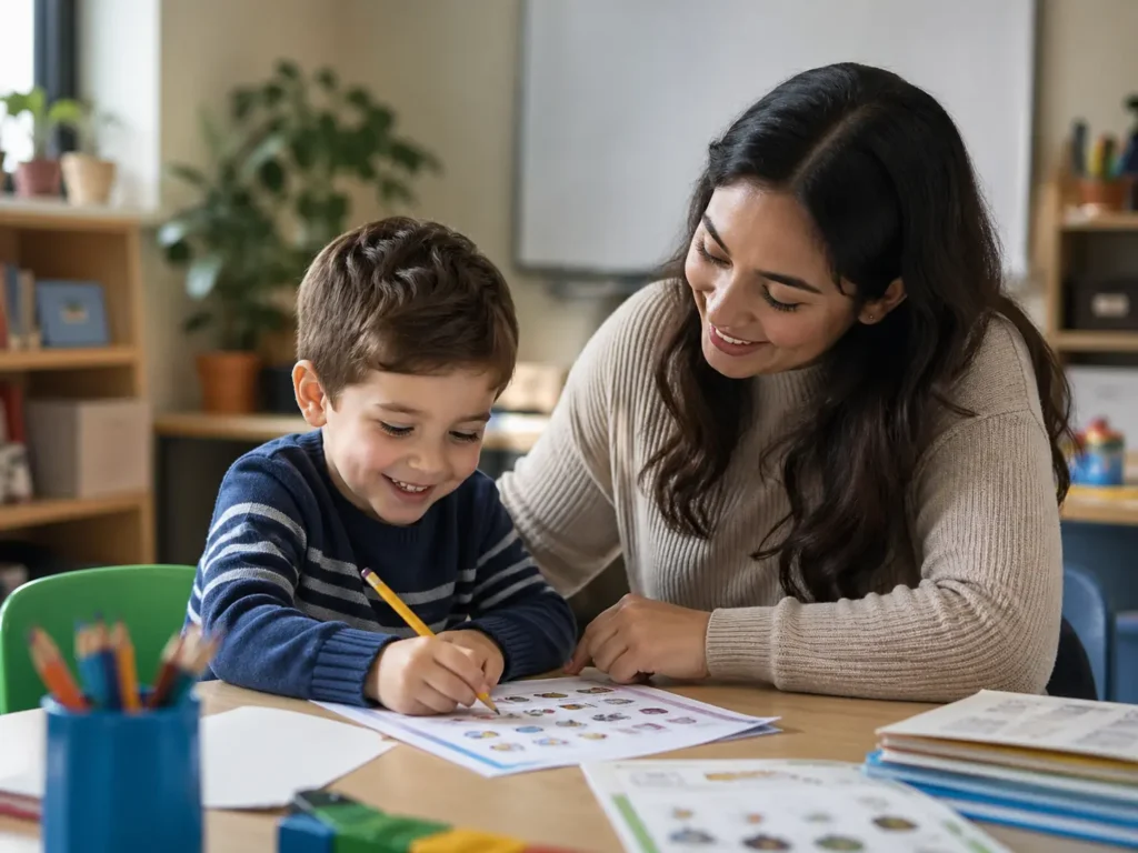 Tutor helping a young boy with a KS1 worksheet