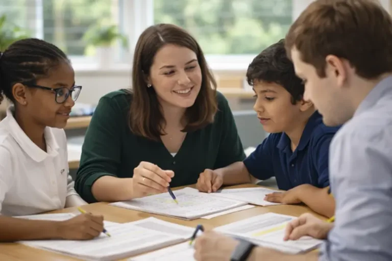 Tutor helping a group of primary pupils with worksheets
