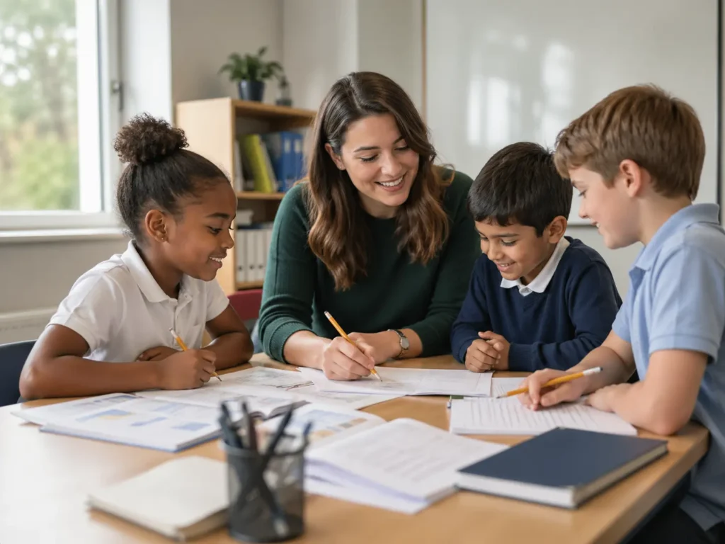 Tutor helping three pupils with their work at a table