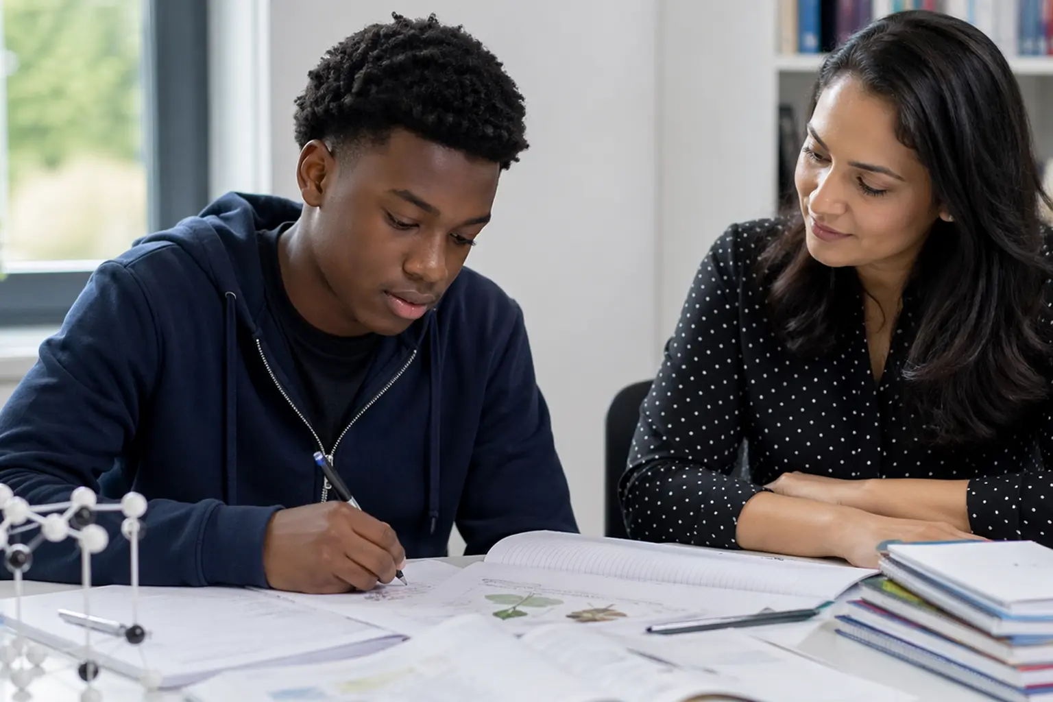 Tutor helping a secondary student with revision