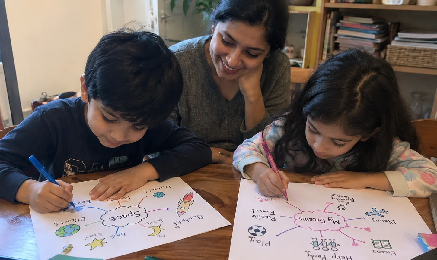 Primary school children using mind maps and colourful notes to remember more.