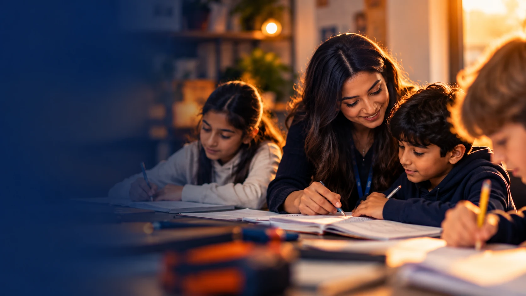 Tutor helping a girl and a boy with their written work at a table