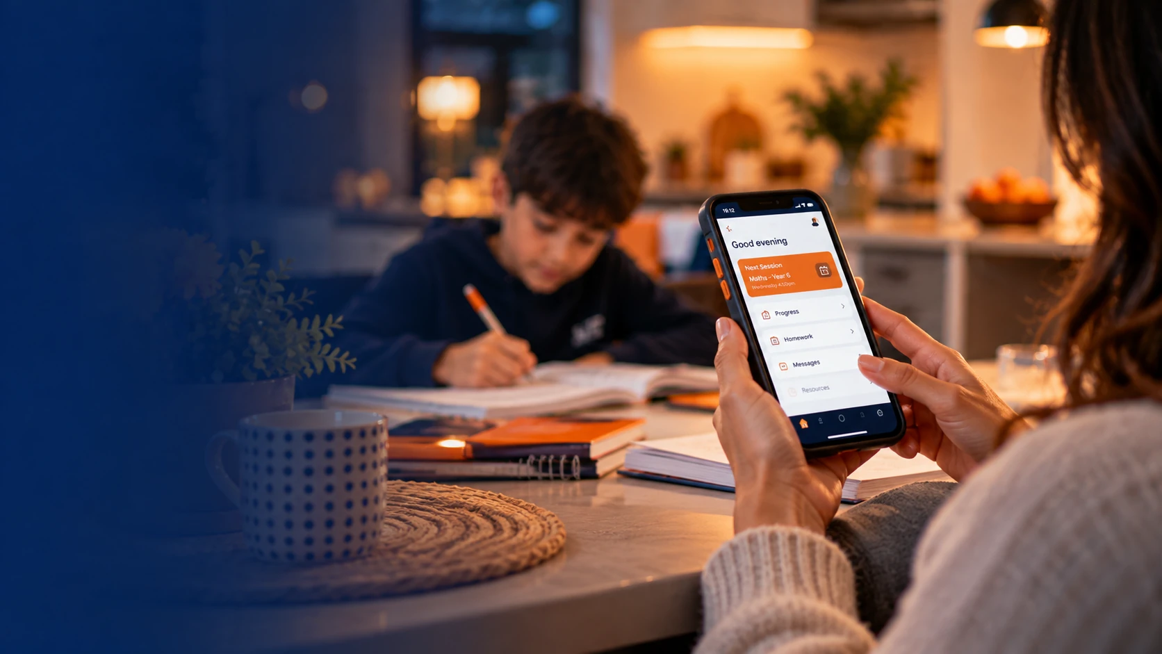 Parent holding a phone showing the PrimePlus parent app while a child studies at a table
