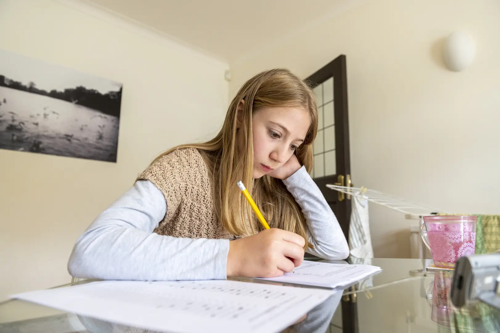 Secondary student studying at home at a table